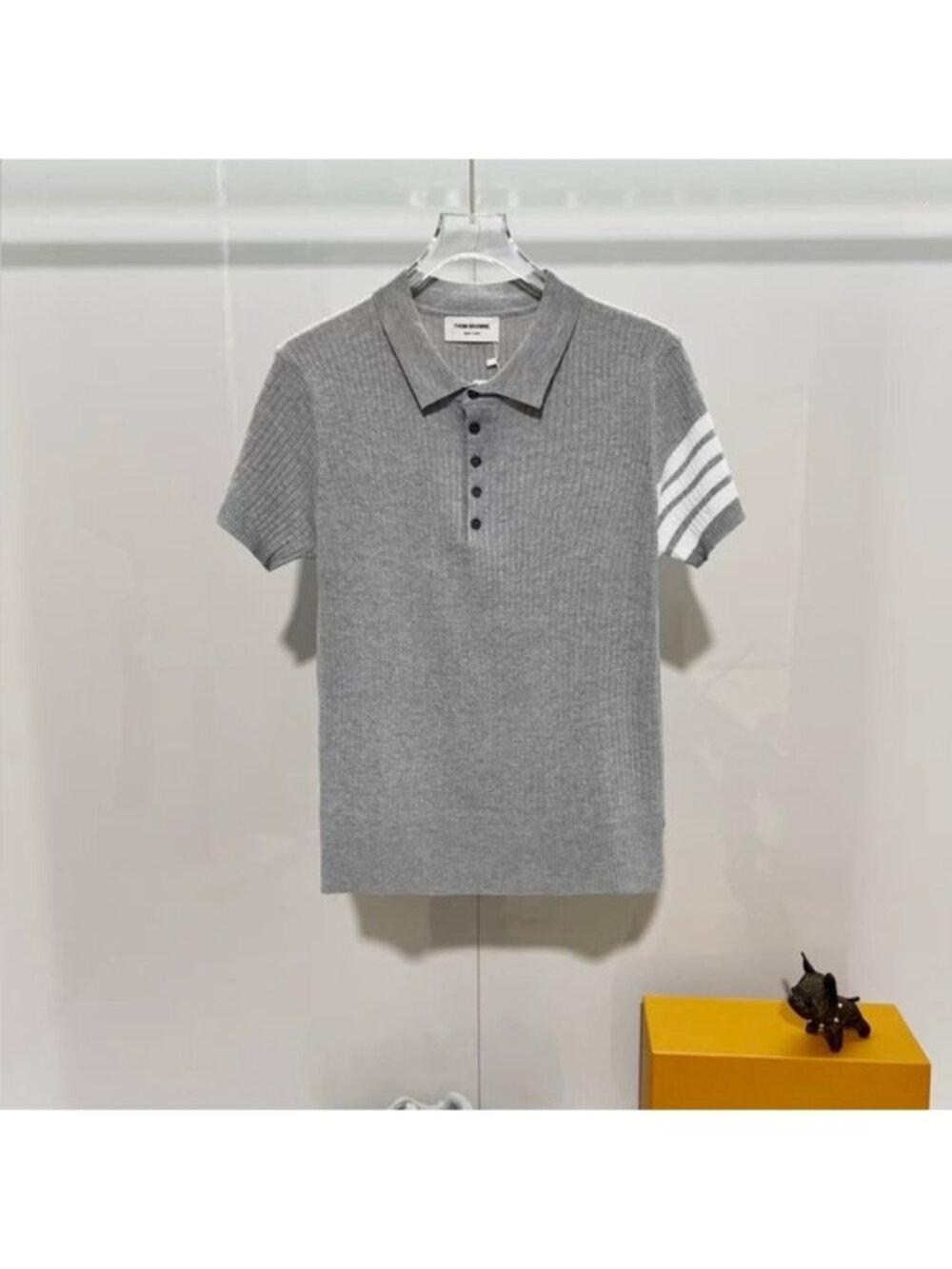 THOM BROWNE Four-Stripe Summer Knit Sweater for Men, Collared Short Sleeve